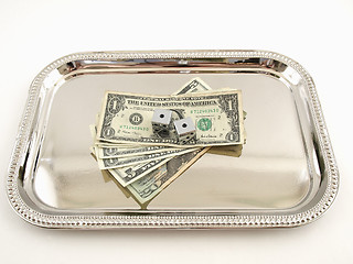 Image showing Money and Dice on a Silver Tray