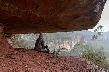 Image showing Female taking in the misty morning Blue Mountains scenery