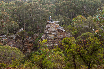 Image showing Adventurous female hiker climbed up onto rocky tower in mountain bushland