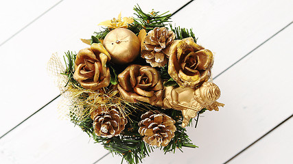 Image showing Christmas Wreath on White Wooden Background