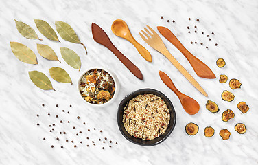 Image showing Styled food ingredients and utensils on marble background