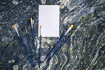 Image showing Blank canvas and paintbrushes on mossy rock background