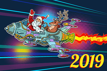 Image showing 2019 new year. Retro Santa Claus with a deer flying on a rocket