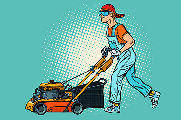 Image showing lawn mower worker. Profession and service