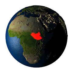 Image showing South Sudan in red on Earth isolated on white