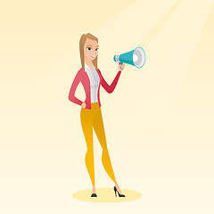 Image showing Young woman speaking into a megaphone.