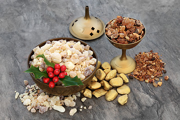 Image showing Gold Frankincense and Myrrh with Holly