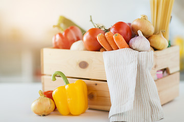 Image showing close up of wooden box of fresh ripe vegetables