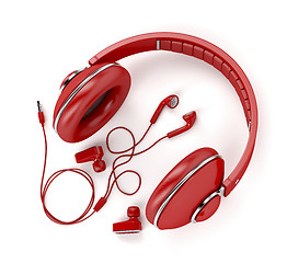 Image showing Different types of earphones in red color