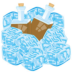 Image showing Bottles with drink cover bit ice on white background