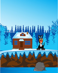 Image showing Wood with river and house on nature in winter