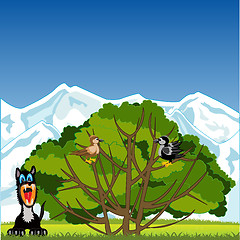 Image showing Tree with bird and animals on glade