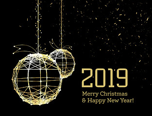 Image showing New Year\'s Christmas balls, on luminous golden ribbons, in the style of art deco. Geometric golden spheres, in the form of points connected by lines with glitters. Gold on dark style. Vector