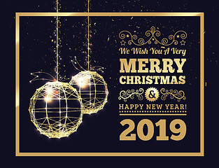 Image showing New Year\'s Christmas balls, on luminous golden ribbons, in the s