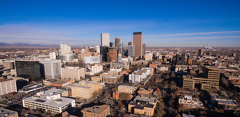 Image showing Sun Reflects off Building Glass Behind the Colorado State Capita