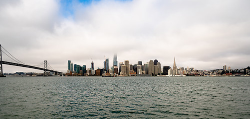 Image showing Long Panoramic View San Francisco Bay Bridge City Skyline