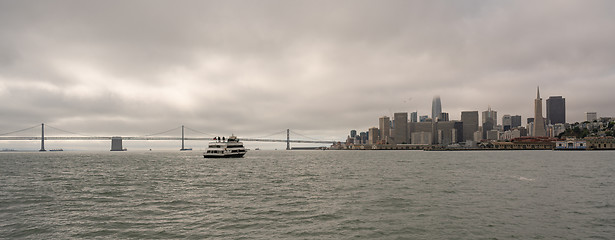 Image showing Long Panoramic View San Francisco Bay Bridge City Skyline