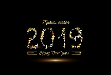 Image showing Golden musical notes in the form of numbers year 2019. Vector gold on black style