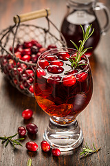 Image showing Mulled wine or hot punch with cranberries for Xmas