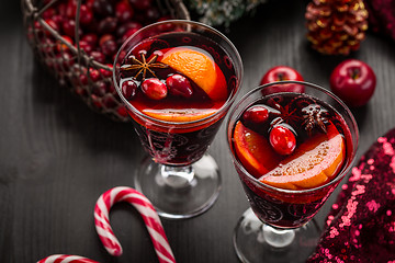 Image showing Mulled wine or hot punch with cranberries for Xmas
