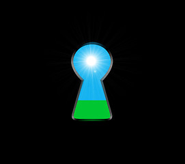 Image showing Keyhole with light inside. Ecological concept, natural green grass and sky. Vector