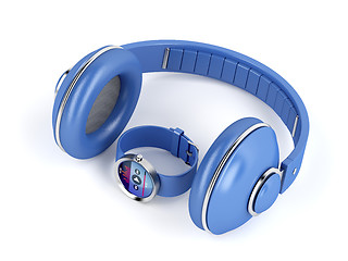 Image showing Blue smart watch and headphones