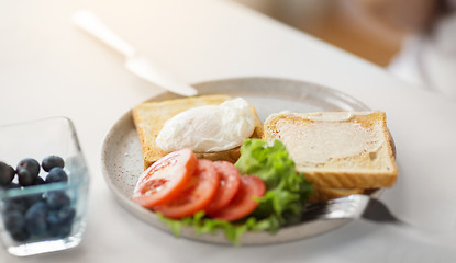 Image showing toasts with poached egg and vegetables on plate