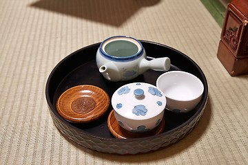 Image showing Tea pot and cups on a tray