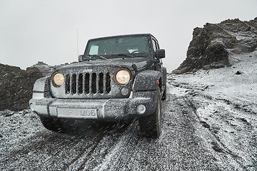 Image showing Jeep Wrangler on Icelandic terrain with snow