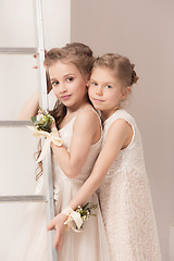 Image showing Little pretty girls with flowers dressed in wedding dresses