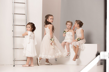 Image showing Little pretty girls with flowers dressed in wedding dresses