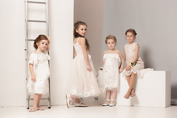 Image showing Little pretty girls with flowers dressed in wedding dresses