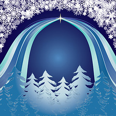 Image showing Blue New Year background with snowy Forest and snowflakes