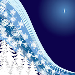 Image showing Blue snowy background with Christmas trees and snowflakes