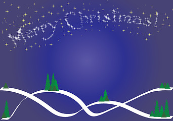 Image showing Blue christmas background with stars, firtrees and Merry Christmas wish