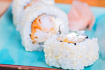 Image showing California maki sushi with tempura shrimp