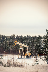 Image showing Pump jack and oil rig situated in forest.