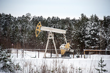 Image showing Pump jack situated in forest.