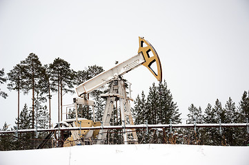 Image showing Pump jack situated in forest.