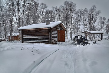 Image showing Winter Snowy Landscape with Log Cabin