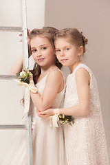 Image showing Little pretty girls with flowers dressed in wedding dresses