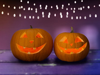 Image showing close up of halloween pumpkins on table