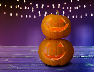 Image showing close up of halloween pumpkins on table