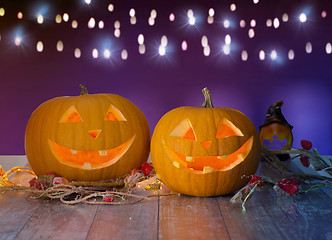 Image showing close up of halloween pumpkins on table