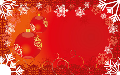 Image showing Red Christmas card with snowflakes and baubles