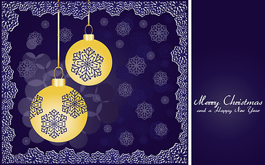 Image showing Blue christmas background with gold baubles and snowflakes