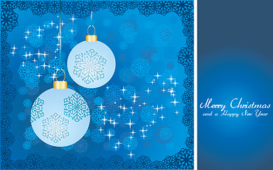 Image showing Blue Christmas card with baubles, wish of Merry Christmas and place for text