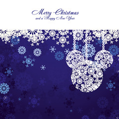 Image showing Merry Christmas and Happy New Year! Christmas card with snowflakes and christmas decorations on blue background