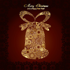 Image showing Christmas bell made from gold snowflakes on brown background
