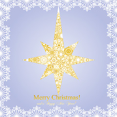 Image showing Christmas golder star mage from snowflakes on blue background and a wish of Merry Christmas